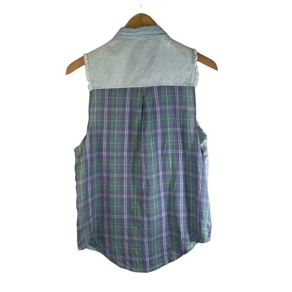 RD Style Women's Chambray Plaid Short Sleeve Button Up  Top Blue Size XS - Picture 2 of 6